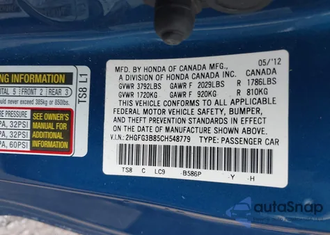 2012 Honda Civic Ex from USA, damaged, VIN 2HGFG3B85CH548779